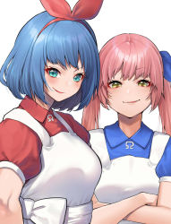 Rule 34 | 2girls, blue hair, blush, collared shirt, crossed arms, dress, eyelashes, hair ribbon, highres, looking at viewer, mikan (chipstar182), multiple girls, omega rei, omega rio, omega sisters, pinafore dress, puffy short sleeves, puffy sleeves, purple hair, ribbon, shirt, short sleeves, siblings, simple background, sisters, sleeveless dress, smile, smirk, smug, upper body, virtual youtuber, white background, white dress