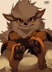 Rule 34 | arcanine, creatures (company), fangs, fangs out, feet, foot focus, game freak, gen 1 pokemon, grey background, looking at viewer, nintendo, no humans, pokemon, pokemon (creature), signature, simple background, solo, sui (suizilla)
