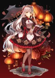 Rule 34 | 1girl, absurdres, ankle ribbon, bad id, bad pixiv id, black pantyhose, blush, book, braid, copyright request, cross, double bun, dress, earrings, floating, floating book, floating object, flower, gradient background, grey hair, hair bun, hair ribbon, tucking hair, highres, jewelry, lantern, leg ribbon, lium, long hair, long sleeves, looking at viewer, open book, pagoda, pantyhose, paper lantern, petals, red flower, red footwear, red ribbon, red rose, ribbon, rose, smile, solo, very long hair, yellow eyes