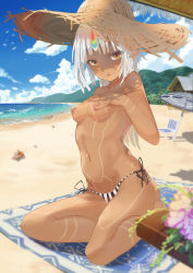 Rule 34 | 1girl, absurdres, altera (fate), arched back, bare arms, bare legs, bare shoulders, beach, beach chair, beach house, beach mat, beach umbrella, bikini, bikini bottom only, bird, blue sky, blunt bangs, breast tattoo, breasts, brown eyes, chair, cloud, collarbone, contrail, crab, dark-skinned female, dark skin, day, fate/grand order, fate (series), flower, full-body tattoo, full body, hand on own chest, hat, highres, hill, hip focus, leg tattoo, legs, long hair, looking at viewer, midriff, navel, nipples, ocean, open mouth, outdoors, panties, pubic tattoo, sand, seashell, seiza, shell, shiny skin, side-tie bikini bottom, sitting, sky, small breasts, solo, stomach, stomach tattoo, striped bikini, striped clothes, striped panties, swimsuit, table, tan, tattoo, thighs, thong, thong bikini, tree, umbrella, underwear, vertical-striped bikini, vertical-striped clothes, waves, white hair, zpig020406