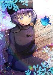 Rule 34 | 1girl, animal, bird, black capelet, black dress, black gloves, black headwear, blush, capelet, commentary request, commission, dress, fur-trimmed capelet, fur-trimmed sleeves, fur trim, gloves, kou hiyoyo, kuonji alice, long sleeves, looking at viewer, mahou tsukai no yoru, on bench, parted lips, purple eyes, purple hair, sitting, skeb commission, sleeves past wrists, solo