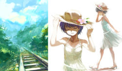 Rule 34 | 1girl, ame yamori, dress, closed eyes, hat, multiple views, original, railroad tracks, short hair, straw hat