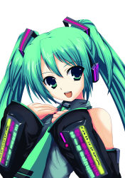 Rule 34 | 1girl, absurdres, bad id, bad pixiv id, detached sleeves, female focus, green eyes, green hair, hands on own chest, hatsune miku, headset, highres, long hair, matching hair/eyes, necktie, nekur, simple background, solo, twintails, vocaloid, white background