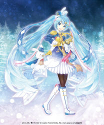 Rule 34 | 1girl, 1other, aqua eyes, aqua hair, band uniform, beamed eighth notes, blue jacket, boots, bow, bowtie, rabbit, cape, commentary request, crypton future media, eighth note, epaulettes, french horn, full body, gloves, hair ornament, hat, hat feather, hatsune miku, holding, holding instrument, horn (instrument), instrument, jacket, kei (keigarou), knee boots, long hair, looking at viewer, musical note, musical note print, night, official art, outdoors, pantyhose, piapro, pine tree, pleated skirt, rabbit yukine, skirt, sky, snow, snowflakes, star (sky), starry sky, tassel, tree, twintails, very long hair, vocaloid, walking, white footwear, white gloves, white skirt, yuki miku, yuki miku (2020)