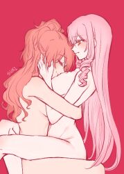 Rule 34 | 2girls, aaaaddddd, akuma no riddle, blush, breasts, closed eyes, closed mouth, commentary request, completely nude, drill hair, hand on breasts, hands on another&#039;s face, hug, inukai isuke, large breasts, long hair, multiple girls, nude, pink hair, ponytail, red background, red hair, sagae haruki, simple background, sitting, sitting on lap, sitting on person, yuri