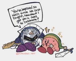 Rule 34 | after battle, armor, bandages, bandaid, cape, english text, green headwear, kirby, kirby (series), looking at another, mask, meta knight, munchbox art, nintendo, shoulder armor, sitting, smile, speech bubble, sword, weapon