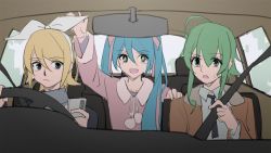Rule 34 | 3girls, aqua eyes, aqua hair, arm up, black jacket, blonde hair, blue eyes, bow, brown jacket, car interior, commentary, driving, green eyes, green hair, grey sweater, gumi, hair bow, hatsune miku, holding, holding phone, jacket, kagamine rin, long hair, looking at phone, mirror, multiple girls, open mouth, phone, pink jacket, seatbelt, short hair, sitting, smile, sparkling eyes, steering wheel, sweat, sweater, symbol-only commentary, turtleneck, turtleneck sweater, twintails, vocaloid, white bow, wounds404