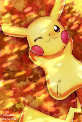 Rule 34 | autumn, autumn leaves, creatures (company), dated, game freak, gen 1 pokemon, highres, leaf, lying, nintendo, no humans, on back, one eye closed, pikachu, pokemon, pokemon (creature), signature, smile, solo, vermeilbird, wink