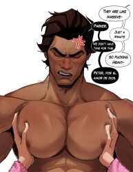 Rule 34 | 2boys, absurdres, anger vein, bara, black hair, blush, closed eyes, dark-skinned male, dark skin, english text, grabbing, groping, highres, large pectorals, male focus, marvel, miguel o&#039;hara, multiple boys, muscular, muscular male, nipples, open mouth, p1nkmic, pectoral grab, pectorals, peter b parker, short hair, solo focus, spanish text, spider-man: across the spider-verse, spider-man (series), spider-verse, twitter username, upper body, yaoi