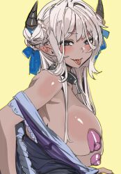Rule 34 | 1girl, :p, black horns, blue eyes, bow (bhp), breasts, chinese commentary, commentary request, copyright request, dark-skinned female, dark skin, horns, large breasts, long hair, looking at viewer, pasties, tongue, tongue out, upper body, white hair, yellow background