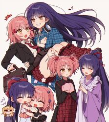 Rule 34 | 3girls, brown eyes, character request, closed eyes, copyright request, headphones, headphones around neck, highres, hug, long sleeves, looking at another, lun ch, multiple girls, musical note, necktie, open mouth, parted lips, pink hair, purple hair, red necktie, short twintails, smile, speech bubble, twintails, yuri