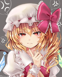 Rule 34 | 1girl, :t, anger vein, ascot, blonde hair, blush, bow, collarbone, commentary request, crystal, finger to own chin, flandre scarlet, frilled bow, frilled shirt collar, frills, grey background, hair between eyes, hand up, hat, hat bow, highres, index finger raised, long hair, looking at viewer, mob cap, nail polish, one side up, puffy short sleeves, puffy sleeves, ramudia (lamyun), red bow, red eyes, red nails, red vest, ribbon-trimmed collar, ribbon trim, shirt, short sleeves, simple background, solo, spoken anger vein, touhou, upper body, vest, white hat, white shirt, wings, yellow ascot