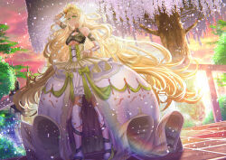 Rule 34 | 1girl, bare shoulders, blonde hair, breasts, butterfly hair ornament, celine (fire emblem), cherry blossoms, cleavage, commission, crown, dress, fantasy, fire emblem, fire emblem engage, green eyes, hair ornament, highres, kein hasegawa, large breasts, long dress, long hair, looking away, nintendo, orange wristband, overskirt, petals, platform footwear, princess, smile, solo, sunlight, tree, underboob, very long hair, wrist bow, yellow headwear