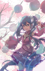 Rule 34 | 1girl, :d, armpits, balloon, bare shoulders, blue eyes, blue hair, blue nails, blush, cherry blossoms, cowboy shot, detached collar, detached sleeves, dress, flower, frilled sleeves, frills, hair between eyes, hair flower, hair ornament, hatsune miku, layered dress, long hair, long sleeves, looking at viewer, matching hair/eyes, nail polish, open mouth, outdoors, outstretched arm, petals, pink dress, pink thighhighs, plant, round teeth, shadowsinking, smile, solo, spaghetti strap, spring (season), standing, teeth, thighhighs, tree, very long hair, vocaloid, white flower, wide sleeves, zettai ryouiki