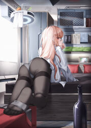 Rule 34 | 1girl, absurdres, all fours, alternate costume, ass, bed, bedroom, black-framed eyewear, blonde hair, closed mouth, di le to, feet, from behind, girls&#039; frontline, glasses, grey pantyhose, highres, indoors, long hair, long sleeves, looking at viewer, looking back, on bed, panties, panties under pantyhose, pantyhose, profile, red eyes, shirt, soles, solo, thighband pantyhose, thighs, toes, type 80 (girls&#039; frontline), underwear, white panties, white shirt