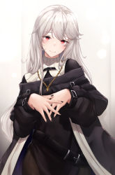 Rule 34 | 1girl, absurdres, arknights, belt, black belt, black cape, black dress, black nails, cape, dress, female focus, hair between eyes, highres, jewelry, long hair, long sleeves, looking at viewer, nail polish, necklace, no headwear, red eyes, reftdr, silver hair, smile, solo, specter (arknights), upper body, white background