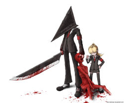 Rule 34 | 1boy, 1girl, armband, blonde hair, blood, child, death, father and daughter, formal, glasses, guro, hair over face, helmet, j-e-m-g, knife, laura (silent hill), necktie, ponytail, pyramid head, scrunchie, shoes, silent hill, silent hill (movie), silent hill (series), silent hill 2, skeleton, suit, sunglasses