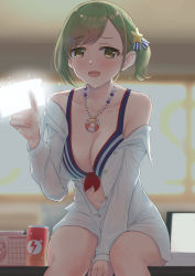 Rule 34 | 1girl, :d, absurdres, between legs, bikini, bikini top only, blush, bow, breasts, cleavage, collarbone, dress shirt, front-tie bikini top, front-tie top, green eyes, green hair, hair ornament, hair ribbon, hand between legs, highres, idolmaster, idolmaster shiny colors, large breasts, leaning forward, nanakusa hazuki, off shoulder, open clothes, open mouth, open shirt, red bow, ribbon, shirt, short hair, sitting, smile, solo, star (symbol), star hair ornament, striped bikini, striped clothes, striped ribbon, swept bangs, swimsuit, umirororo, white shirt