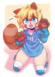 Rule 34 | 1boy, animal ears, blonde hair, blue eyes, blue hoodie, blue thighhighs, blush, borvar, choker, collarbone, english text, fang, flying sweatdrops, furry, furry male, highres, hood, hoodie, long sleeves, looking at viewer, multicolored thighhighs, open mouth, original, raccoon boy, raccoon ears, raccoon tail, seiza, short hair, sitting, solo, speech bubble, striped clothes, striped thighhighs, tail, tanuki, thighhighs, trap, white thighhighs