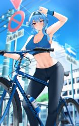 Rule 34 | 1girl, absurdres, arm up, armpits, bare shoulders, bicycle, black hairband, black pants, blue hair, blue sky, blue sports bra, blush, bottle, breasts, cleavage, collarbone, eula (genshin impact), genshin impact, hair ornament, hairband, highres, large breasts, looking at viewer, medium hair, nvl, pants, purple eyes, sidelocks, sky, solo, sports bra, sweat, thighs, tight clothes, tight pants, water bottle, wristband, yoga pants