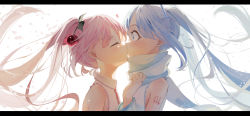 Rule 34 | 200f (nifu), 2girls, absurdres, bare shoulders, blue eyes, blue hair, blush, cherry hair ornament, closed eyes, collared shirt, detached sleeves, dual persona, food-themed hair ornament, from side, hair ornament, hatsune miku, highres, kiss, letterboxed, long hair, long sleeves, multiple girls, necktie, number tattoo, petals, pink hair, profile, red necktie, sakura miku, scarf, selfcest, shirt, shoulder tattoo, simple background, sleeveless, sleeveless shirt, snowing, surprised, tattoo, twintails, upper body, very long hair, vocaloid, white background, white scarf, white shirt, wide-eyed, yuki miku