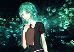 Rule 34 | androgynous, bad id, bad pixiv id, black necktie, black shirt, black shorts, bright pupils, character name, clipboard, collared shirt, czy (2894456992), dutch angle, gender request, green eyes, green hair, highres, houseki no kuni, looking at viewer, necktie, parted bangs, parted lips, phosphophyllite, shirt, short hair, shorts, solo, standing, upper body, white shirt, wing collar