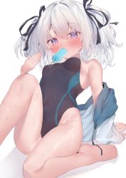 Rule 34 | 1girl, arm support, bare shoulders, barefoot, black one-piece swimsuit, black ribbon, blush, breasts, commission, competition swimsuit, covered navel, eip (pepai), feet, food, food in mouth, hair between eyes, hair ribbon, highleg, highleg swimsuit, highres, long hair, looking at viewer, mouth hold, off shoulder, one-piece swimsuit, original, popsicle, purple eyes, ribbon, simple background, sitting, skeb commission, small breasts, solo, swimsuit, thighs, twintails, wet, white background, white hair