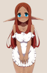 Rule 34 | 1girl, apron, bare shoulders, blue eyes, blush, breasts squeezed together, breasts, brown hair, cleavage, dark skin, dark-skinned female, elf, large breasts, long hair, long pointy ears, maid-chan (maze), maze (gochama ze gohan), naked apron, original, pointy ears, smile, solo, standing