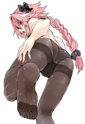 Rule 34 | 1boy, ass, astolfo (fate), bare shoulders, blush, bow, braid, bulge, deep skin, fang, fate/grand order, fate (series), from behind, from below, hair bow, haoro, long hair, looking at viewer, looking back, multicolored hair, open mouth, panties, panties under pantyhose, pantyhose, pink hair, purple eyes, shiny skin, single braid, solo, underwear, very long hair, white hair