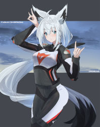 Rule 34 | 1girl, ahoge, animal ears, arm up, bow, breasts, commentary request, earrings, fox ears, fox girl, fox shadow puppet, fox tail, green eyes, hair between eyes, hair bow, highres, hololive, jewelry, long hair, looking at viewer, racing suit, shirakami fubuki, sidelocks, small breasts, solo, sthk, tail, virtual youtuber, white hair
