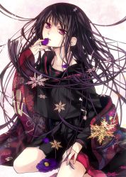 Rule 34 | 1girl, black hair, camellia, collaboration, female focus, fingernails, flower, highres, japanese clothes, kimono, kneeling, long hair, looking at viewer, multicolored eyes, murakami yuichi, object in mouth, original, parted lips, petals, purple eyes, red eyes, school uniform, serafuku, skirt, snowflakes, solo, traditional clothes, uniform