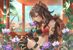 Rule 34 | 1girl, black gloves, braid, brown hair, commentary request, day, dehya (genshin impact), earrings, elbow gloves, flower, french braid, genshin impact, gloves, gold trim, hair between eyes, hair intakes, highres, holding, holding flower, jewelry, kanai23831347, long hair, looking down, navel, pyramid (structure), sidelocks, sitting, smile, solo, thigh strap, water