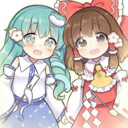 Rule 34 | 2girls, :d, aqua eyes, ascot, bow, brown eyes, brown hair, cherry blossoms, detached sleeves, flower, frog hair ornament, gohei, green hair, grey eyes, hair bow, hair flower, hair ornament, hair tubes, hakurei reimu, heads together, holding hands, jpeg artifacts, kochiya sanae, long hair, looking at viewer, mugicha (mugicha0929), multiple girls, oonusa, open mouth, painting (medium), ribbon-trimmed sleeves, ribbon trim, simple background, smile, snake hair ornament, touhou, traditional media, watercolor (medium), white background