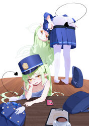 Rule 34 | 2girls, absurdres, backpack, bag, bent over, blue archive, blue hat, blue jacket, blue skirt, cellphone, chinese commentary, clipboard, coffee, coffee cup, collarbone, commentary request, cup, demon tail, disposable cup, feet, flat chest, forehead, gloves, green hair, halo, hat, hikari (blue archive), nozomi (blue archive), highres, hikari (blue archive), jacket, light blush, long hair, looking at viewer, mitsukage three, multiple girls, nozomi (blue archive), open mouth, orange eyes, panties, panties under pantyhose, pantyhose, phone, pleated skirt, pointy ears, sitting, skirt, smartphone, smile, standing, table, tail, tail censor, tank top, toes, underwear, undressing, unworn backpack, unworn bag, unworn gloves, unworn jacket, very long hair, white gloves, white panties, white pantyhose, white tank top, wooden floor, wooden table