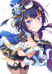 Rule 34 | 1girl, :q, arm under breasts, asaka karin, black gloves, black hair, black necktie, blue cape, blue eyes, blue hat, breast hold, breasts, cape, cleavage, cowboy shot, cuffs, dated, detached collar, fishnet thighhighs, fishnets, garter straps, gloves, hair ornament, half gloves, handcuffs, hat, highres, jewelry, kitahara tomoe (kitahara koubou), large breasts, licking lips, love live!, love live! nijigasaki high school idol club, mole, mole on collarbone, necklace, necktie, short hair, smile, solo, starlight (love live!), thighhighs, tongue, tongue out, twitter username, wrist cuffs