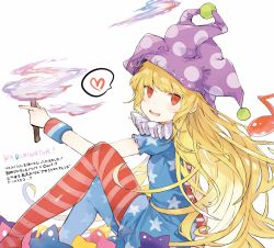Rule 34 | 1girl, american flag dress, american flag legwear, blonde hair, blue dress, blue pantyhose, blush, clownpiece, commentary request, dress, eighth note, feet out of frame, hat, heart, holding, holding torch, jester cap, long hair, looking at viewer, musical note, neck ruff, no shoes, nuudoru, open mouth, pantyhose, pointing, polka dot, polka dot headwear, purple hat, red dress, red eyes, red pantyhose, short dress, simple background, sitting, smile, solo, spoken heart, star (symbol), star print, striped clothes, striped dress, striped pantyhose, thighs, torch, touhou, translation request, very long hair, white background, white dress, wristband