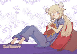 Rule 34 | 1girl, at2., blonde hair, blue dress, blue footwear, blush, bracelet, bun cover, character request, china dress, chinese clothes, closed mouth, copyright request, dress, highres, jewelry, long hair, looking at viewer, low twintails, pillow, shoes, short sleeves, sitting, smile, sneakers, solo, twintails