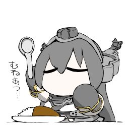 Rule 34 | 1girl, black gloves, black hair, chibi, commentary request, cowboy shot, curry, curry rice, closed eyes, food, gloves, headgear, holding, kantai collection, long hair, nagato (kancolle), no mouth, plate, pleated skirt, rice, simple background, skirt, solo, spoon, task (s task80), two-tone shirt, white background, white skirt