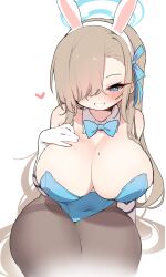 Rule 34 | 1girl, absurdres, animal ears, asuna (blue archive), asuna (bunny) (blue archive), blue archive, blue bow, blue bowtie, blue eyes, blue leotard, blue ribbon, blush, bow, bowtie, breasts, brown pantyhose, cleavage, covered navel, curvy, detached collar, fake animal ears, hair ribbon, halo, highres, huge breasts, leotard, light brown hair, long hair, looking at viewer, looking down, mg pong, mole, mole on breast, official alternate costume, pantyhose, rabbit ears, ribbon, simple background, sitting, smile, solo, thick thighs, thighs, white background
