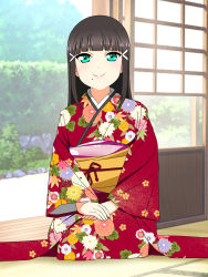 Rule 34 | 1girl, artist name, artist request, black hair, female focus, flower print, full body, green eyes, highres, japanese clothes, kimono, kurosawa dia, long hair, looking at viewer, love live!, love live! sunshine!!, mole, mole under mouth, outdoors, parted lips, rainatsu20, red kimono, smile, solo