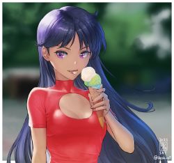 Rule 34 | 1girl, :p, artist name, bishoujo senshi sailor moon, blue hair, blurry, blurry background, border, breasts, casual, cleavage cutout, clothing cutout, commentary request, dated, day, depth of field, food, highres, hino rei, holding, holding food, ice cream, ice cream cone, ikeda (cpt), long hair, outdoors, outside border, purple eyes, red shirt, shirt, short sleeves, small breasts, solo, straight hair, tongue, tongue out, triple scoop, twitter username, upper body, v-shaped eyebrows, very long hair, white border