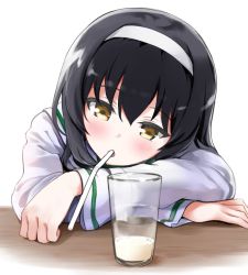 Rule 34 | aeoso, black hair, commentary request, crossed arms, cup, drinking glass, drinking straw, drinking straw in mouth, girls und panzer, hairband, head on arm, head tilt, leaning on table, long sleeves, milk, ooarai school uniform, reizei mako, resting, school uniform, shirt, white background, white hairband, white shirt, yellow eyes