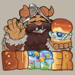 Rule 34 | 1boy, beads, beard, burger, closed eyes, commentary, covered mouth, dungeon meshi, dwarf, english text, facial hair, facing viewer, fake horns, fingernails, food, food bite, food on face, gem, grey background, hands up, helmet, highres, holding, holding burger, holding food, horned helmet, horns, long beard, male focus, mustache, ok sign, senshi (dungeon meshi), simple background, solo, thefireseal, upper body