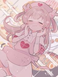 Rule 34 | &gt; &lt;, 1girl, apron, bandaged arm, bandaged wrist, bandages, blonde hair, blush, bowl, center frills, closed eyes, closed mouth, collared dress, commentary request, dress, facing viewer, food, frills, hair ornament, hands up, happy, hat, heart, heart print, highres, kurumi sumire, long hair, nail polish, natori sana, noodles, nurse cap, pink apron, pink hat, pizza, pizza slice, puffy short sleeves, puffy sleeves, rabbit hair ornament, ramen, red nails, safety pin, sana channel, short sleeves, solo, sparkle, thighhighs, two side up, virtual youtuber, white dress, white thighhighs