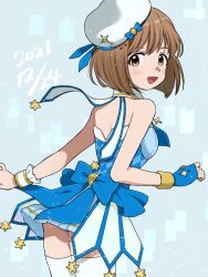 Rule 34 | 1girl, ass, back, back bow, backless dress, backless outfit, bare shoulders, blue bow, blue dress, bow, breasts, brown eyes, brown hair, commentary request, cowboy shot, dated, dress, fingerless gloves, gloves, hagiwara yukiho, hat, highres, idolmaster, idolmaster (classic), looking at viewer, looking back, naruse ill, short dress, short hair, single glove, single wrist cuff, small breasts, smile, solo, thighhighs, upskirt, white thighhighs, wrist cuffs