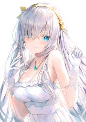 Rule 34 | 1girl, absurdres, anastasia (fate), bare shoulders, blue eyes, blush, breasts, cleavage, closed mouth, collarbone, dress, elbow gloves, fate/grand order, fate (series), gloves, hair ornament, hair over one eye, hairband, head tilt, highres, jewelry, lips, long hair, looking at viewer, necklace, rin yuu, scan, silver hair, simple background, smile, solo, upper body, white background, white dress, white gloves