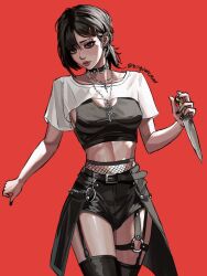 Rule 34 | 1girl, anti-eyebrow piercing, belt, black nails, black shorts, black tank top, black thighhighs, breasts, chain, chain necklace, chainsaw man, choker, closed mouth, commentary, covered erect nipples, cowboy shot, crop top, cropped shirt, cross, cross earrings, earrings, english commentary, eyelashes, eyeliner, fishnets, garter straps, goth fashion, hair behind ear, hand up, higashiyama kobeni, highres, holding, holding knife, jewelry, key, key necklace, knife, labret piercing, lipstick, looking at viewer, makeup, medium breasts, midriff, mole, mole under eye, mole under mouth, multiple earrings, multiple moles, nail polish, necklace, o-ring, ponytail, red background, red eyes, reverse grip, shirt, short ponytail, short shorts, short sleeves, shorts, showgirl skirt, solo, t-shirt, tank top, thighhighs, toned, white shirt, zu yuan cesar