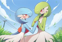 Rule 34 | alternate color, artist name, blue hair, blue skin, blue sky, blush, bob cut, cloud, colored skin, creatures (company), dated, day, ear piercing, earrings, eye contact, facepaint, female focus, fisheye, flat chest, from side, game freak, gardevoir, gen 3 pokemon, gradient sky, grass, green hair, green skin, hair over one eye, hand to own mouth, hand up, hands up, happy, heart, highres, holding hands, jewelry, lip piercing, looking at another, multicolored skin, multiple girls, nintendo, open mouth, outdoors, piercing, pokemon, pokemon (creature), power lines, red eyes, shiny and normal, shiny pokemon, shiny skin, short hair, signature, sky, smile, standing, stud earrings, tears, two-tone skin, utility pole, white skin