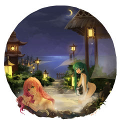 Rule 34 | 10s, 2012, 2girls, :o, bad id, bad pixiv id, bathing, breasts, covering breasts, covering privates, crescent moon, dated, green eyes, green hair, hatsune miku, highres, huazha01, long hair, looking at viewer, megurine luka, moon, multiple girls, naked towel, night, nude, nude cover, onsen, open mouth, pink hair, sideboob, smile, towel, twintails, vocaloid