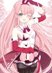 Rule 34 | 1girl, animal ears, arcaea, breasts, cleavage, elbow gloves, fake animal ears, gloves, green eyes, highres, holding, holding stuffed toy, kou (arcaea), long hair, looking at viewer, one eye closed, open mouth, pink hair, rabbit ears, red gloves, smile, solo, stuffed toy, suzunashi rei